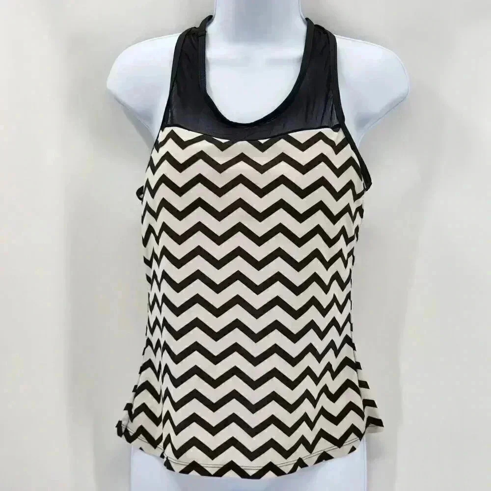 Black White Tankini Padded Bra Swim Suit Swimwear Mesh Top Large